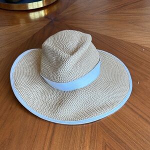 Eric Javis Elegant Tan Sun Hat with Blue Trim